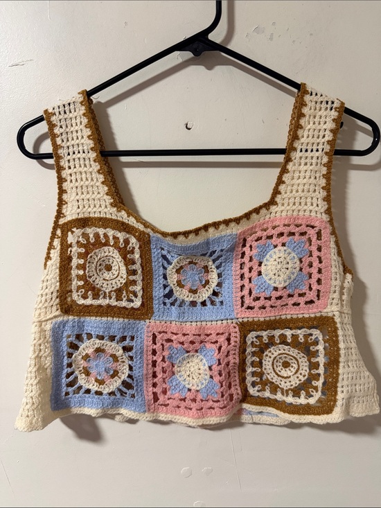 ADORA Tops - ADORA Cream Crochet Granny Square Tank Top with Pink, Blue & Brown Accents